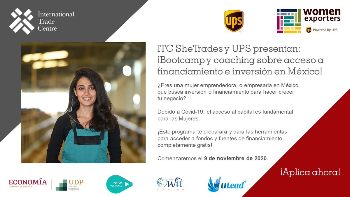 NewVenturesMX's tweet photo. Empoderar a las mujeres e incluirlas en el comercio nos  beneficia a todos 🙇‍♀️ Si eres una  emprendedora  mexicana y  buscas financiamiento o crecer tu negocio ¡Este programa es para ti! @UPS  @ITCnews 

¡Aplica! 👉https://t.co/euHvPSQsyJ
🚨La convocatoria cierra el 30 de octubre https://t.co/pN87K8fC1J