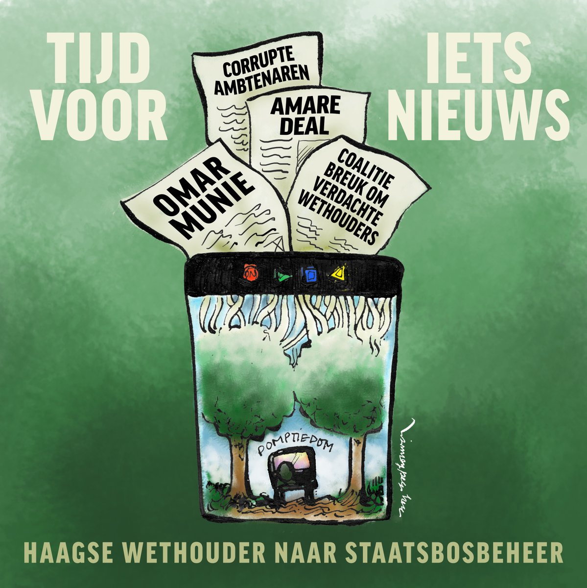 BoyBoelhouwer's tweet photo. Haagse wethouder gebiedsontwikkeling naar @staatsbosbeheer #revis #denhaag #politiek #lettinggo #schredded #tree #cartoon #bos #natuur #groen #gelukkig #happy #happyatwork https://t.co/sUtMbDFWiC