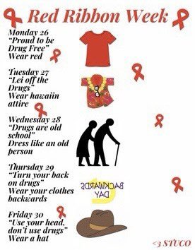 Let’s celebrate being drug free by dressing up  for Red Ribbon Week starting today!