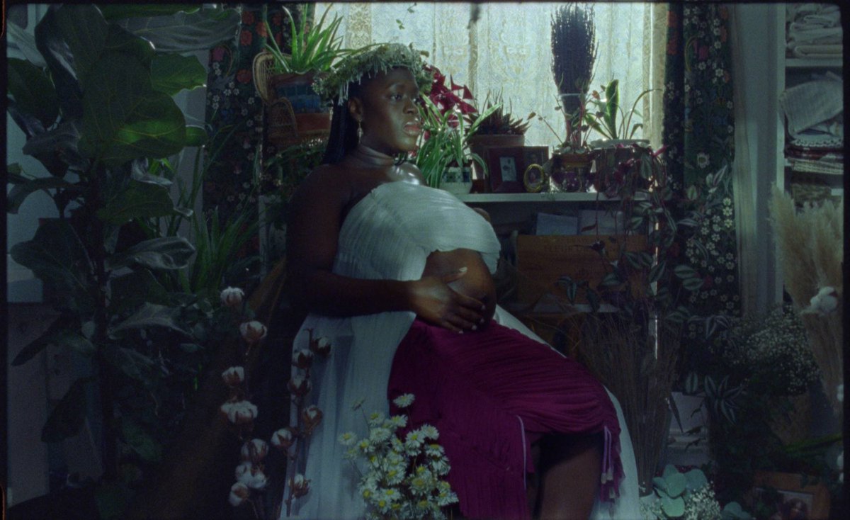 This image depicts a pregnant Black woman sitting in a domestic space surrounded by plants. 