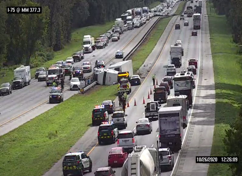 UPDATE: The crash on I-75 Northbound at MM 377 now has the center lane blocked as well as the left lane. Also, the Southbound direction has the left lane blocked now. Use caution in the area. -ORW