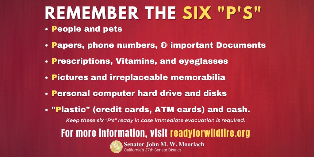 SenatorMoorlach's tweet photo. The #SilveradoFire broke out early this morning in the Santiago Canyon near Irvine. Remember these six 'P's' should you need to evacuate. https://t.co/PIjgUze8m4 https://t.co/wmUvaoTfEq