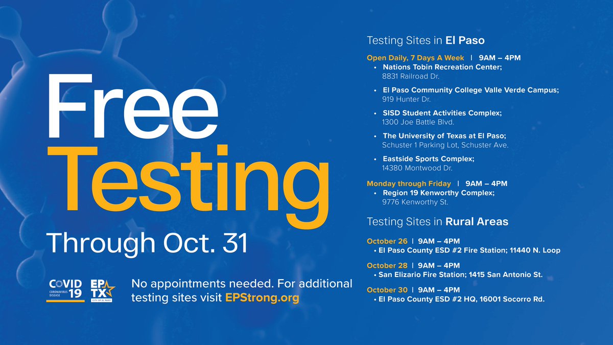 ElPasoTXGov's tweet photo. If you think you might have been exposed to COVID-19, please go get tested. Free testing is available throughout El Paso for people with and without COVID-19 symptoms.

For a list of additional testing sites, visit https://t.co/ZQYzXomtTr https://t.co/NpUFSe2BZi