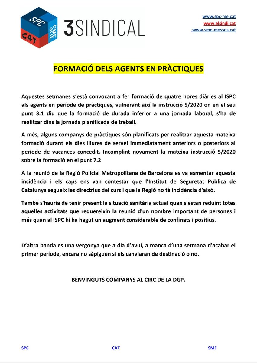 3SINDICAL's tweet photo. La DGP incumpleix la Instrucció 5/2020, convocant als agents en pràctiques 4h a l'ISPC aquesta formació s'ha de realitzar dins la jornada planificada de treball 😤😤😤!!! @miquel_samper coneix aquesta vulneració??? @SPC_Mossos_PL @INFOCATME @smemossos https://t.co/8VwO19m8FZ