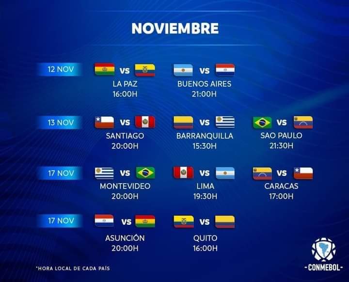 #Deportes PROGRAMACIÓN DE LAS CLASIFICATORIAS EN NOVIEMBRE
La Conmebol publicó los partidos para la fecha 3 y 4 de las clasificatorias a Qatar 2022... https://t.co/2Y5Lv9xItL
