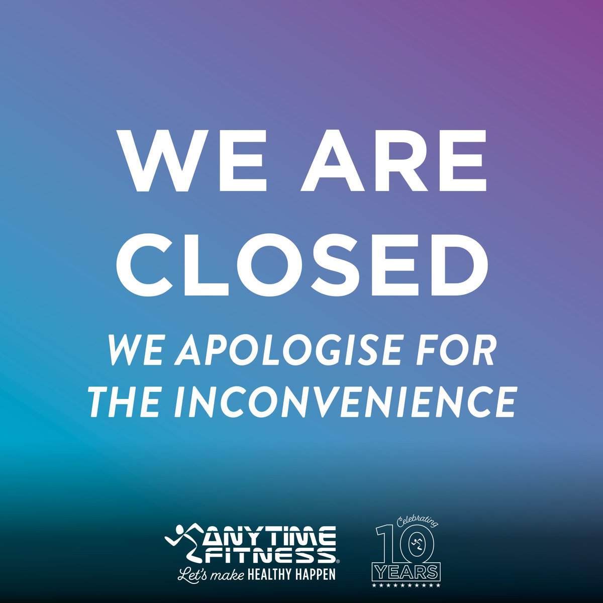 AFBishopbriggs's tweet photo. ❗ LIGHTING ISSUE ❗ Unfortunately we will have to temporarily close Anytime Fitness Bishopbriggs from 8pm tonight and we will reopen at 6:30am Tuesday October 27th. We are having some temporary lighting issues which we are working hard to rectify as soon as possible. https://t.co/LngQOvYVGH