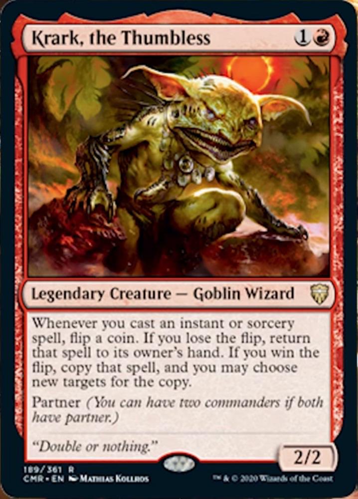 commando_app's tweet image. OMG Krark, the Thumbless. A+++ name. And that triggered ability? Damn, with partner, too. Partner with some color(s) that have good on-cast triggered abilities and ride the value train. #commanderlegends