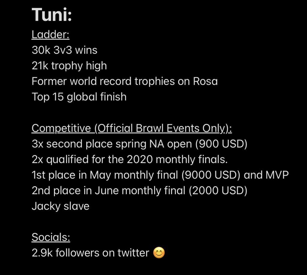 Due to unforeseen circumstances I am now a solo free agent in Brawl Stars and looking for a team to play 2021 competitive with. Achievements listed below.

Huge shoutouts to <a href="/Lukiebear4/">Lukie</a> and <a href="/slash_bs/">slashcan</a> for sticking with me through 2020😊

Likes and RT’s greatly appreciated ❤️