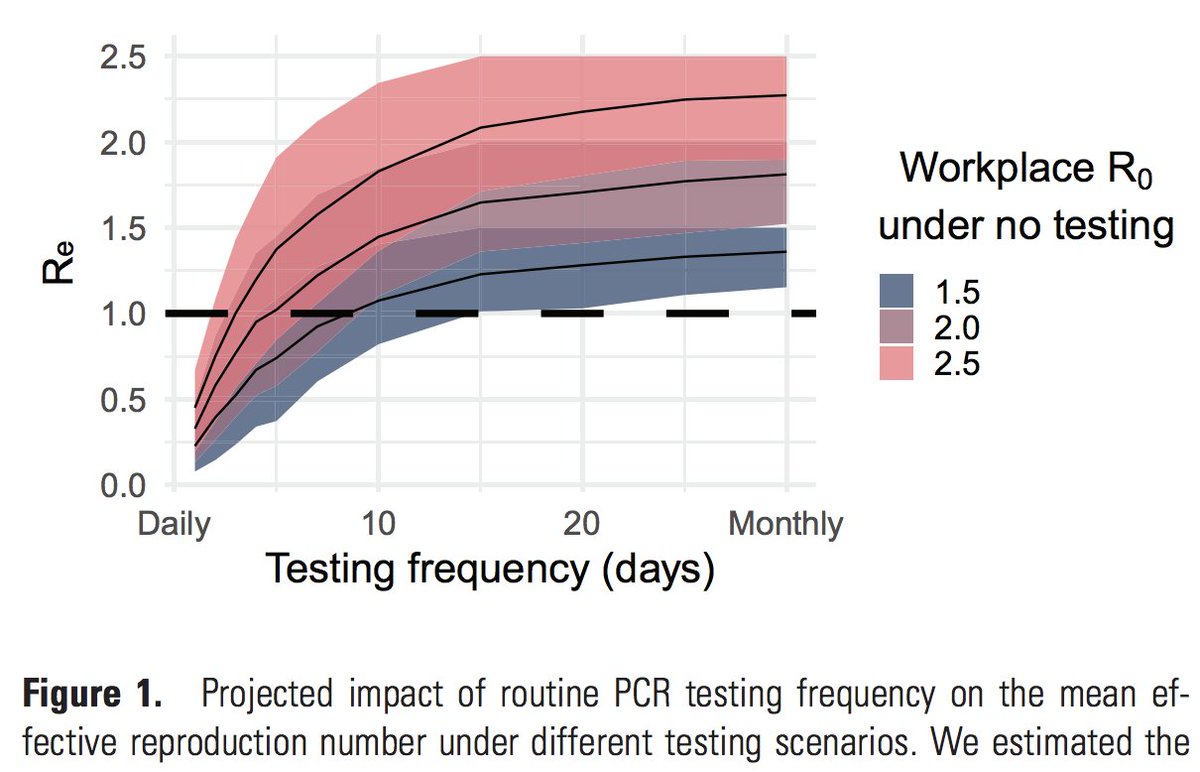 3/N We find that twice weekly testing (or weekly at minimum) is needed in most high-risk environment, with ongoing community transmission of COVID. This is similar to other excellent work on COVID testing frequency from  @RWalensky and  @ADPaltiel.