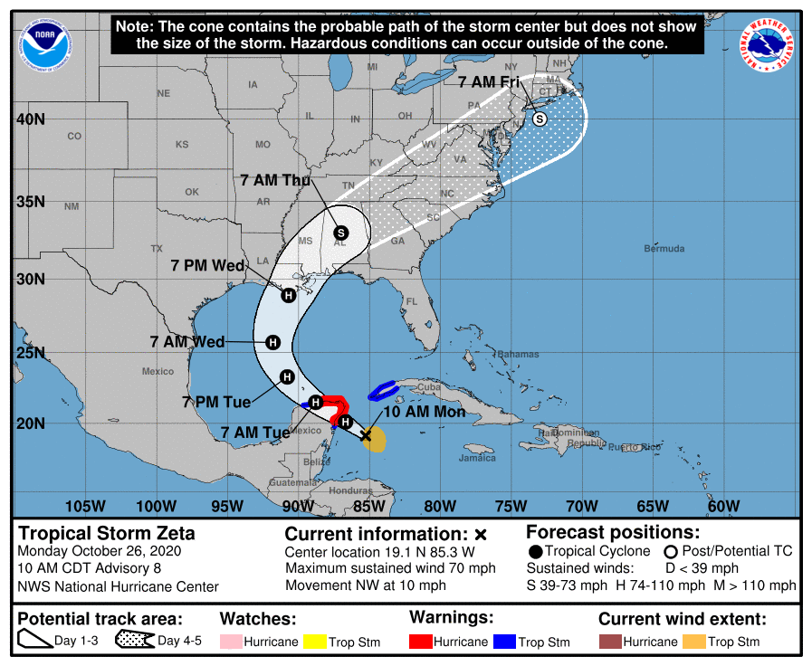 Goatys_News's tweet photo. ⚠️ Tropical Storm #ZETA #28L 26/1500Z 19.1N 85.3W, moving NW 09kt. Max sus winds 60kt, gusts to 75kt. 992mb (NHC FL)
Dangerous #StormSurge along part of #YucatanPeninsula
Expected to become a CAT 1 #Hurricane by 27 Oct, 0:00 UTC (TSR UCL data)
>>>https://t.co/dOeJvJ7sfB? https://t.co/0ov0rw32Gd