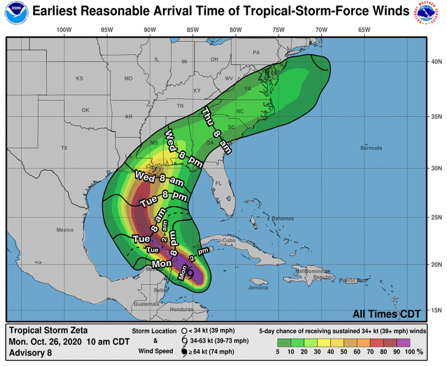 Goatys_News's tweet photo. ⚠️ Tropical Storm #ZETA #28L 26/1500Z 19.1N 85.3W, moving NW 09kt. Max sus winds 60kt, gusts to 75kt. 992mb (NHC FL)
Dangerous #StormSurge along part of #YucatanPeninsula
Expected to become a CAT 1 #Hurricane by 27 Oct, 0:00 UTC (TSR UCL data)
>>>https://t.co/dOeJvJ7sfB? https://t.co/0ov0rw32Gd