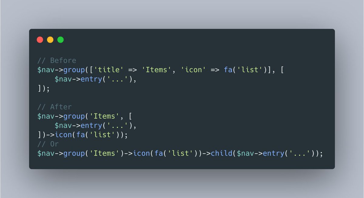 litstack_io's tweet image. Method chaining can now be used for navigation presets, entries and groups.