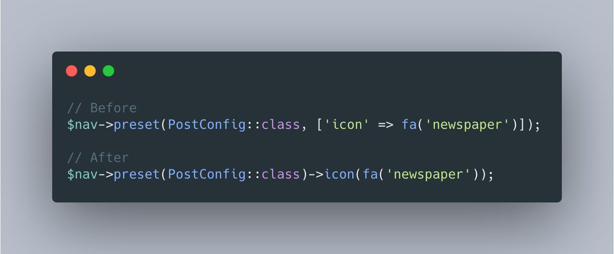 litstack_io's tweet image. Method chaining can now be used for navigation presets, entries and groups.