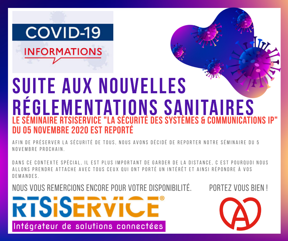 En raison des nouvelles #réglementations #sanitaires pour nous protéger de la #Covid19 en #Alsace notre séminaire "La #Sécurité des Systèmes &amp; Communications IP" du 05 Novembre est reporté à une date ultérieure.
Portez vous bien !