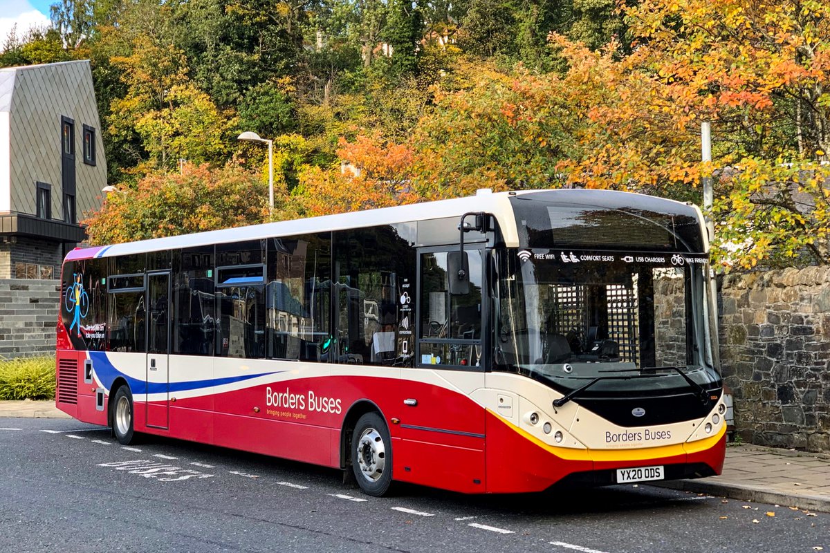 ADLbus's tweet photo. Autumn is the time to enjoy the outdoors in beautiful colours, and perhaps no better way to do this than to combine cycling with bus travel as in the Scottish Borders, where @BordersBuses' new Alexander Dennis Enviro200 can each take up to two bikes on board! https://t.co/tkMuPvHVh3