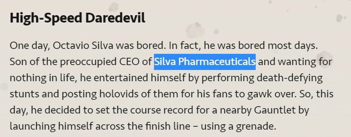 Octane? Not so many weapons, instead? A pharma, his dad is the CEO of Silva Pharmaceuticals, and they also develop STIMFrom Octane's story, we also know Psamathe has....trains!