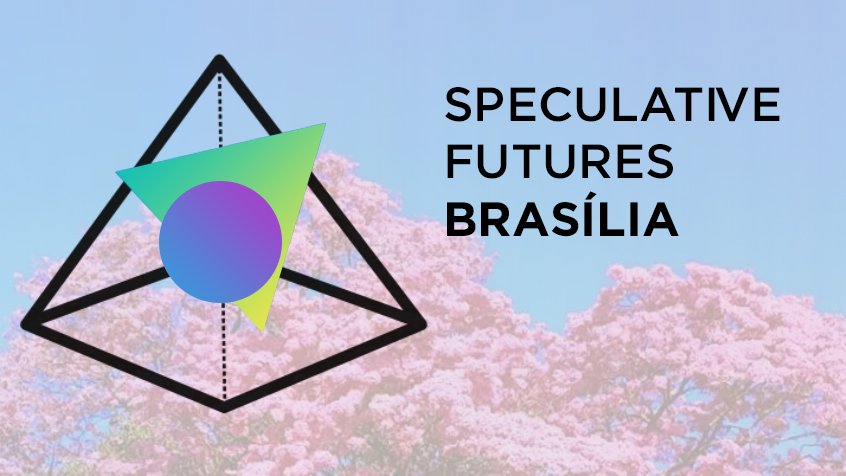 Logo da Specualtive Futures Brasília ao lado de seu texto, acima de um fundo esmaecido de um ipê rosa de Brasília.