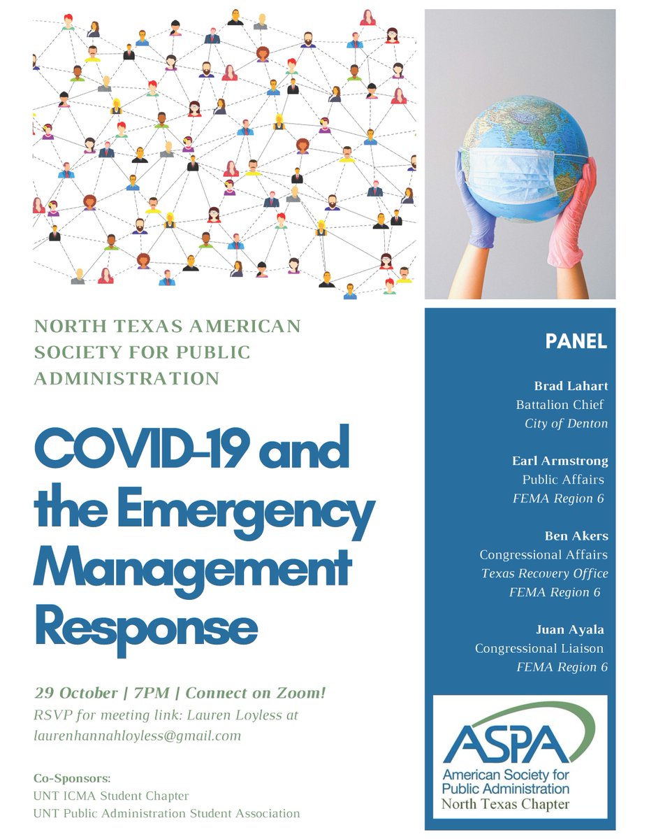 np_unt's tweet photo. Join FEMA leaders and City of Denton Battalion Chief for a panel discussion on COVID-19 &amp; the Emergency Management Response this Thursday, 7pm. Email laurenhannahloyless@gmail for Zoom link. #UNT23 #UNT23 #COVIDresponse @fema @untnlsa @apaso_unt @cityofdentontx https://t.co/x6Sil4kQs3