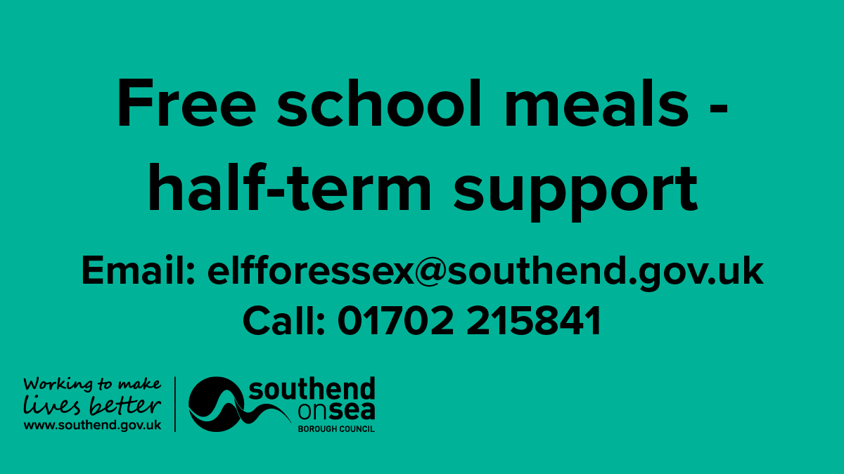 SouthendCityC's tweet photo. FREE SCHOOL MEALS - COUNCIL ANNOUNCES AUTUMN HALF-TERM FUNDING SUPPORT

If your child receives free school meals please:

Email elfforessex@southend.gov.uk or 
Call 01702 215841 from 9am tomorrow (Tues) to request £15 pre-paid card per eligible child to be used to buy food. https://t.co/1a9AwvXBZK