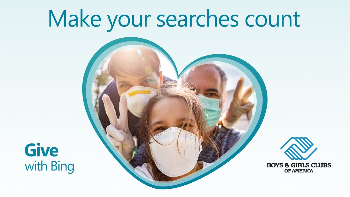 bing's tweet image. Support the Boys &amp;amp; Girls Clubs of America by searching on Bing. All you have to do is join Microsoft Rewards, select BGCA as your nonprofit and your Bing searches will earn points that will be automatically donated to support youth in local communities. msft.it/6017T4O8v