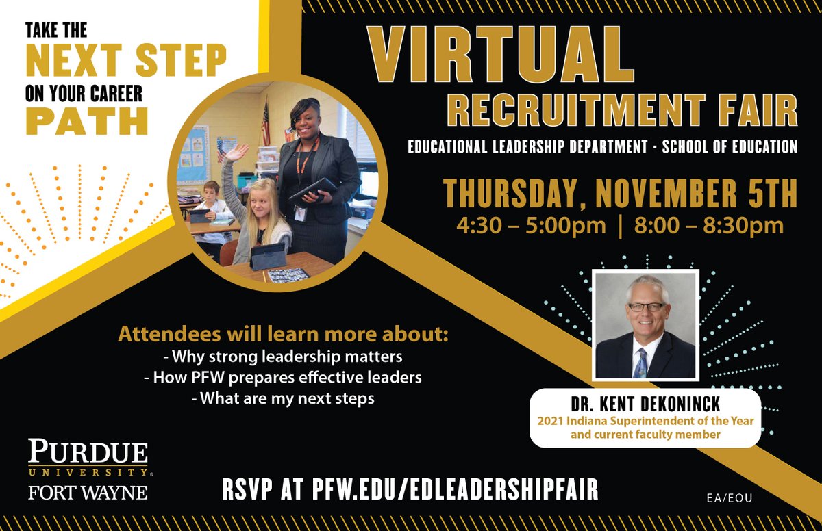 drbradoliver's tweet photo. Ed Leadership Faculty from the School of ED @purduefw will be holding a Virtual Recruitment Fair on 11/5 w/2 options (4:30-5pm OR 8-8:30pm). Join us to learn about the M.S. in Ed Leadership program designed for teacher leaders &amp; school admins. Help us spread the word! Retweet! https://t.co/Y0JXF7RkVS