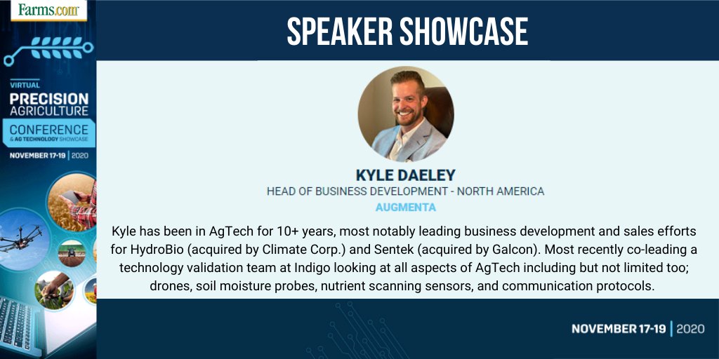 FarmsPrairies's tweet photo. Speaker Showcase! We're eager to announce that Kyle Daeley, Head of Business Development - NA at @AugmentaAg is presenting at the https://t.co/jEAqnxtbfB Virtual #PrecisionAgriculture Conference &amp; #AgTech Showcase this November! #PAG20

Register: https://t.co/YBT6FNBUQZ https://t.co/zraGCHhfsI