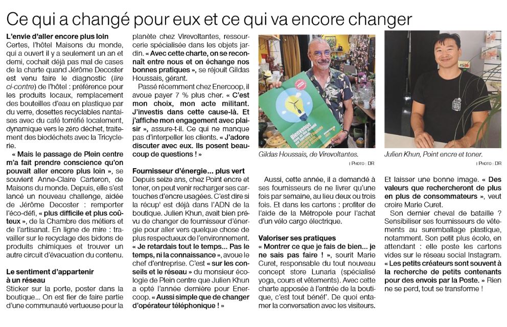 La mission Transition écologique et commerces  <a href="/PleinCentre/">Plein Centre</a> est mise en avant dans <a href="/OuestFrance/">Ouest-France</a>, avec de nombreux commerçants qui s’engagent. Notre innovation nantaise donne envie et sera très bientôt dupliquée à Bordeaux !