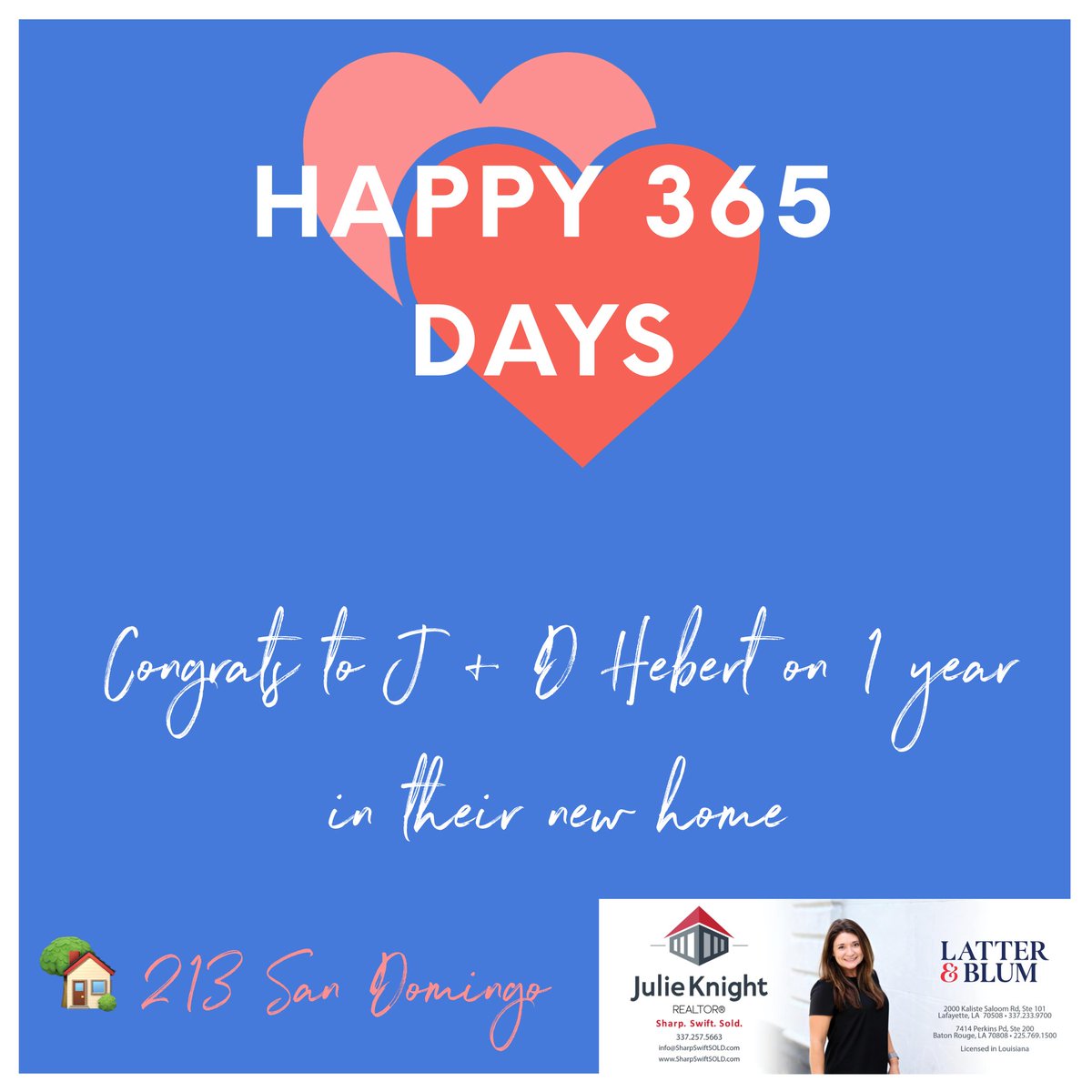 SharpSwiftSold's tweet image. 🥳🥳🥳 

#sharpswiftsold #houseanniversary #oneyear #oneyearanniversary #newhomeowners #realestate #lafayette #lafayetterealestate