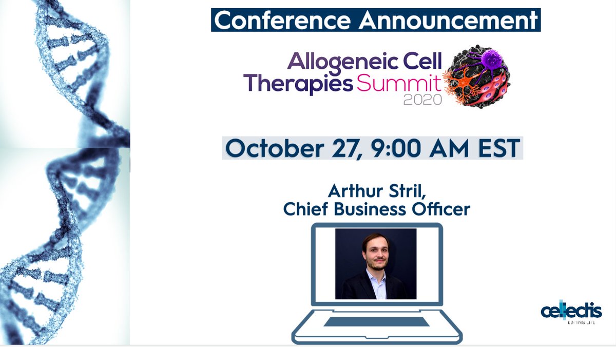 cellectis's tweet photo. @ArthurStril, Chief Business Officer of @Cellectis,  will present at the @AllogeneicCell conference on October  27th, 2020, at 9 AM EST. To register, click here: https://t.co/tncc8hkiaw https://t.co/4OZMt4raDr