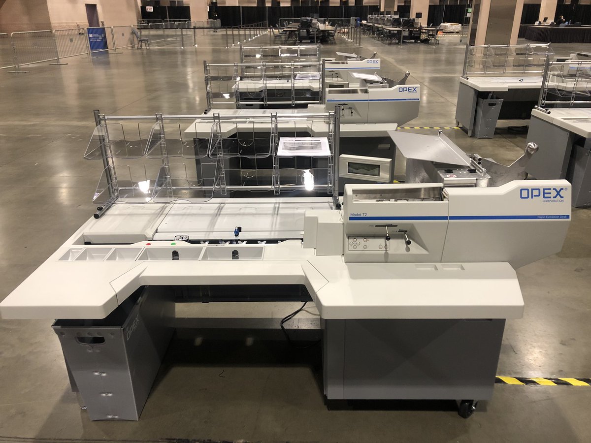 Step 2: the “extractor.” There will be 22 of these OPEX machines, which perform a two step process to extract ballots, first from the outside envelope and then from the inner “secrecy” envelope.Each device is capable of extracting 12,000 ballots an hour.