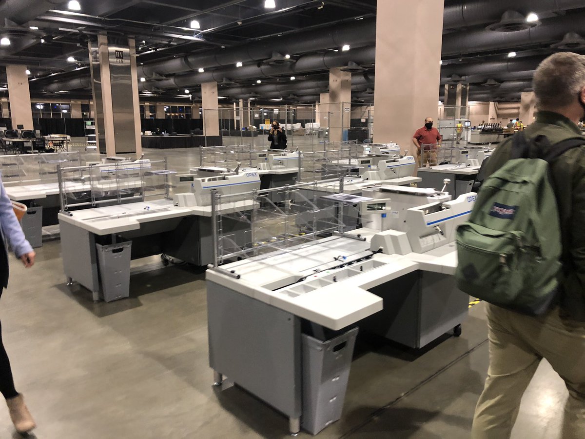 Step 2: the “extractor.” There will be 22 of these OPEX machines, which perform a two step process to extract ballots, first from the outside envelope and then from the inner “secrecy” envelope.Each device is capable of extracting 12,000 ballots an hour.