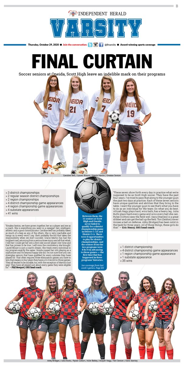 This week’s sports front commemorates the accomplishments of the soccer seniors at Oneida and Scott High as we close out our fall soccer coverage.