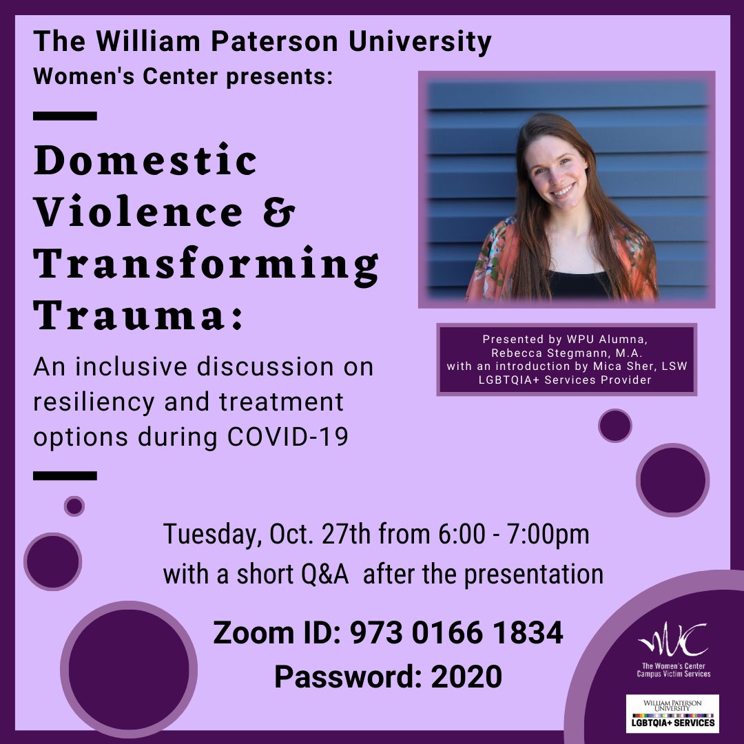 Join us on Tuesday October 27th from 6:00-7:00pm to learn about Domestic Violence & Transforming Trauma! This presentation is in honor of Domestic Violence Awareness Month and is being presented by a Women’s Center and WPU Alumna, Rebecca Stegmann! #wplgbtq #dvam2020