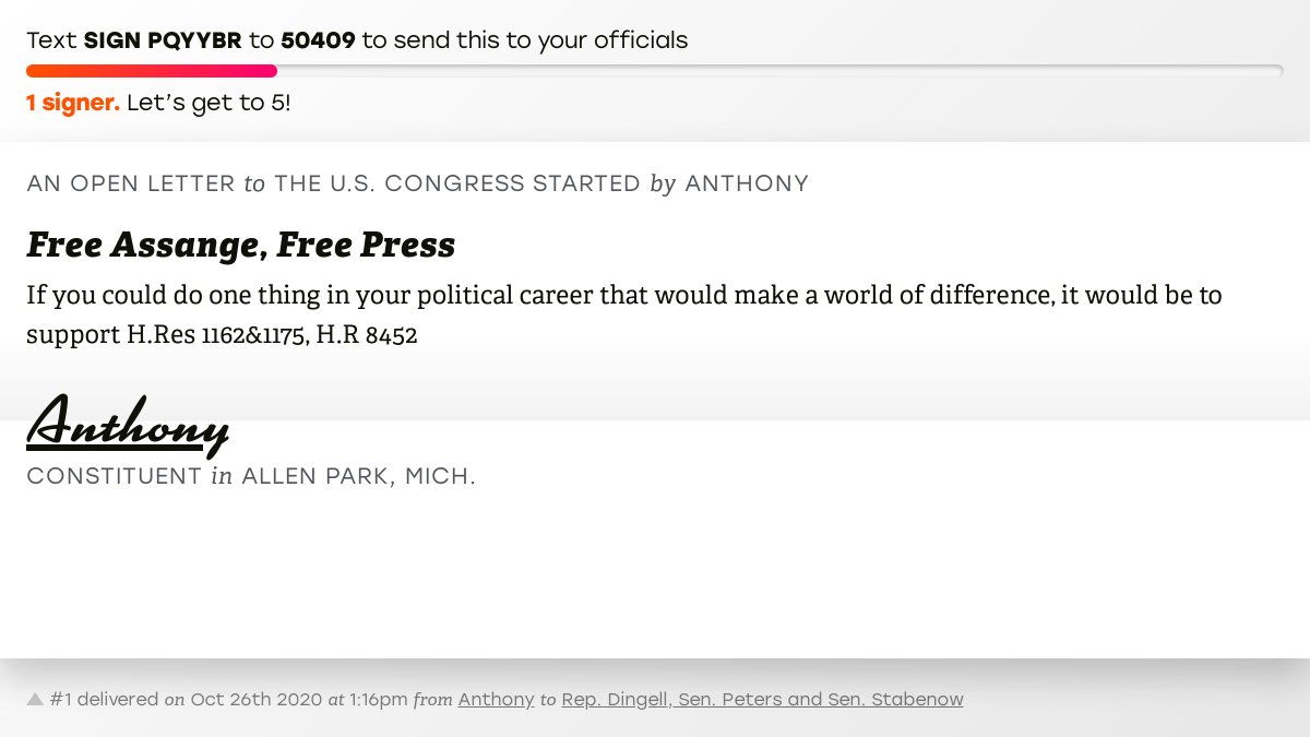 The letter subject is: Free Assange, Free Press and the body is: If you could do one thing in your political career that would make a world of difference, it would be to support H.Res 1162&1175, H.R 8452