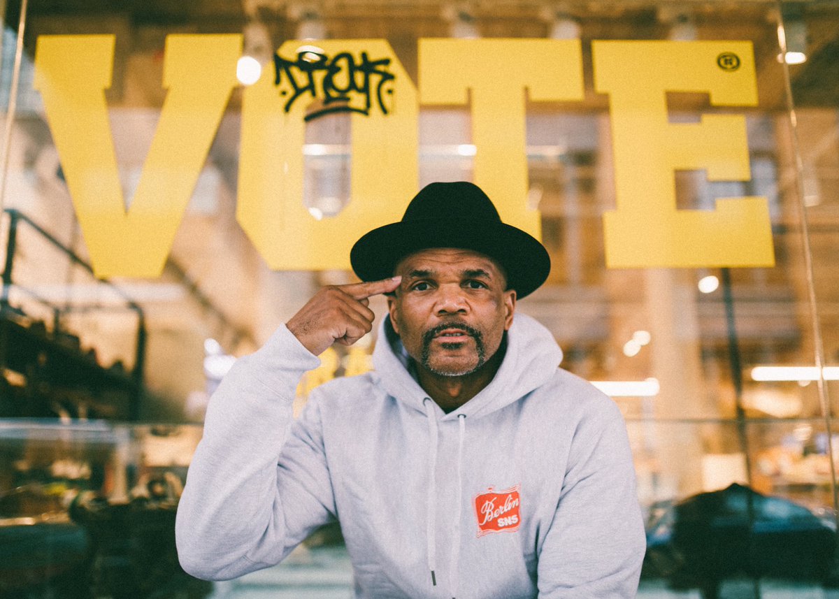 OfficialRunDMC's tweet photo. NYC! While you’re out leading this charge for #CHANGE at the polls during #earlyvoting check out the @sneakersnstuff app  where you can enter the raffle for a chance to cop our latest capsule collection. Our Superstar 50th celebration starts now! #JMJ4EVER #RIPRUNNYRAY https://t.co/ZzPrPg71ry