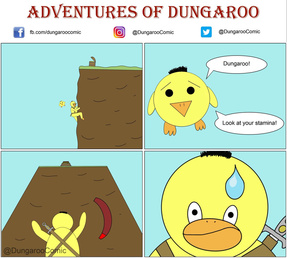 DungarooComic's tweet photo. When you forget to recharge your stamina in #GenshinImpact before making that climb. #bigmistake #WEBTOON #comic #ducks https://t.co/jiptFTwuuW