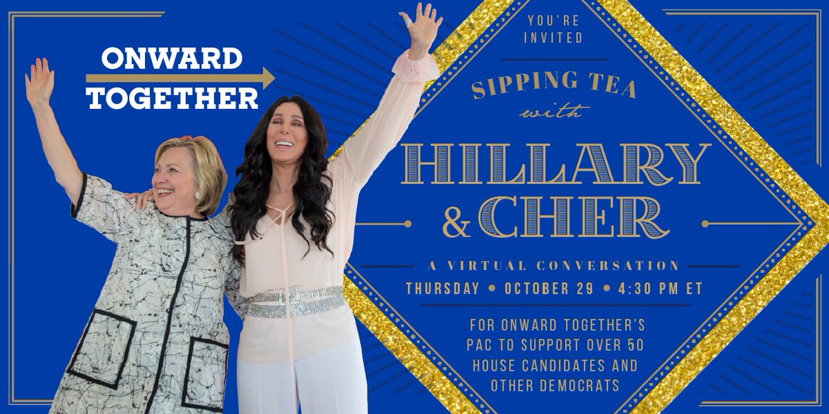 HillaryClinton's tweet photo. I'm thrilled to announce a new event for @onwardtogether members this Thursday with the one and only @Cher. (!!)
Become a member today to join us. You'll be supporting the work of groups & leaders fighting for our shared values & defending our democracy:
https://t.co/YZDhCCOpXm https://t.co/wcetCsUW2m