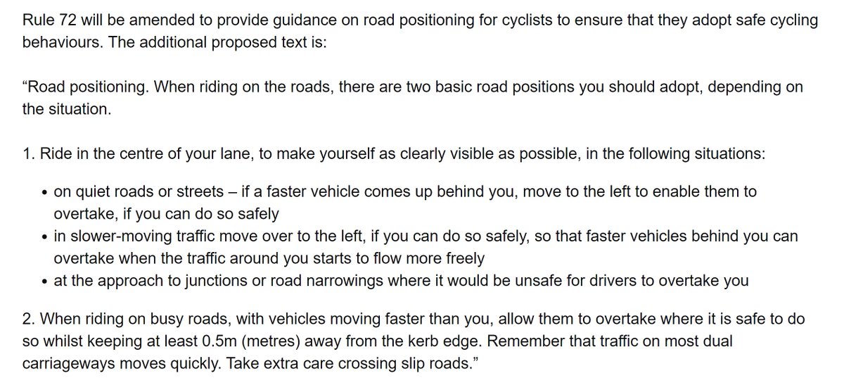 Rule 72 is a key one - it establishes when cyclists could and should take primary (the centre of the lane). Unfortunately as drafted at the moment it's very unclear - but there's room to raise that in the consultation.
