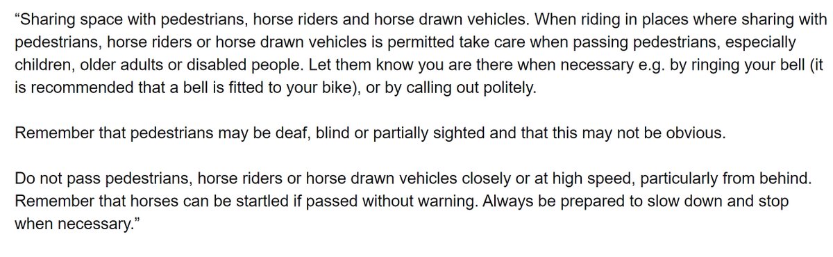 Rule 63 introduces guidance for cyclists sharing space with pedestrians and horse riders. This seems common sense (although it's best not to use your bell when approaching a horse - talk to the rider instead).