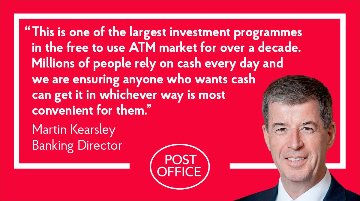 PostOfficeNews's tweet photo. We believe that maintaining access to cash is vital. Our £16m investment will see us safeguard 1,400 ATMs across UK. Where an ATM is lost customers can always withdraw cash over the counter at that branch for free. In fact banking services are available at all our 11.5k branches https://t.co/OImOQwC7Td