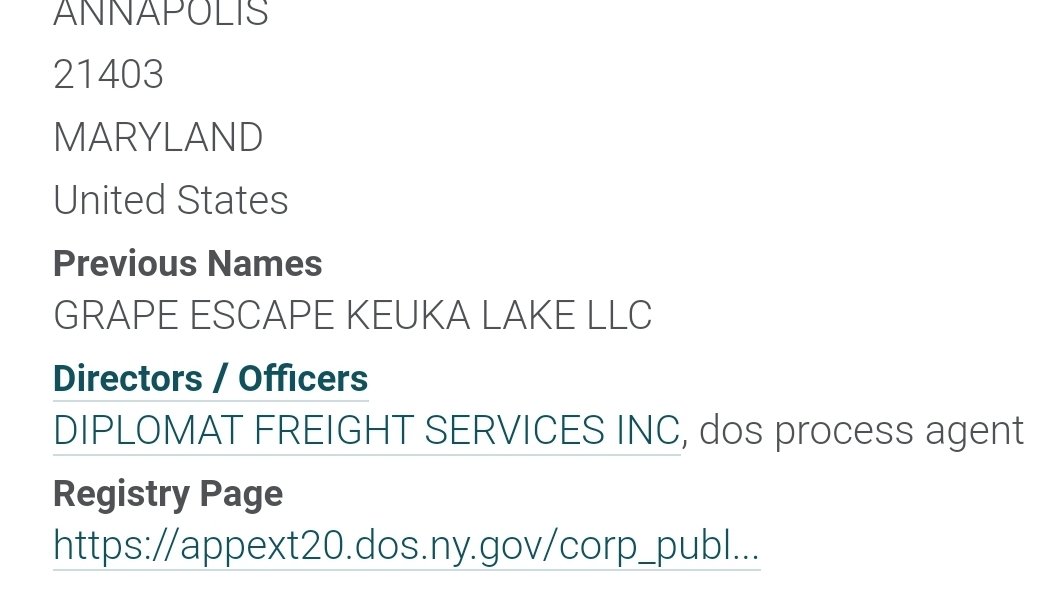 Following this Grape Escape Keuka Lake LLC led me to Diplomat Freight Services LLC. Notice that this is designated as a FOREIGN LLC. 6/ https://opencorporates.com/officers/115346762