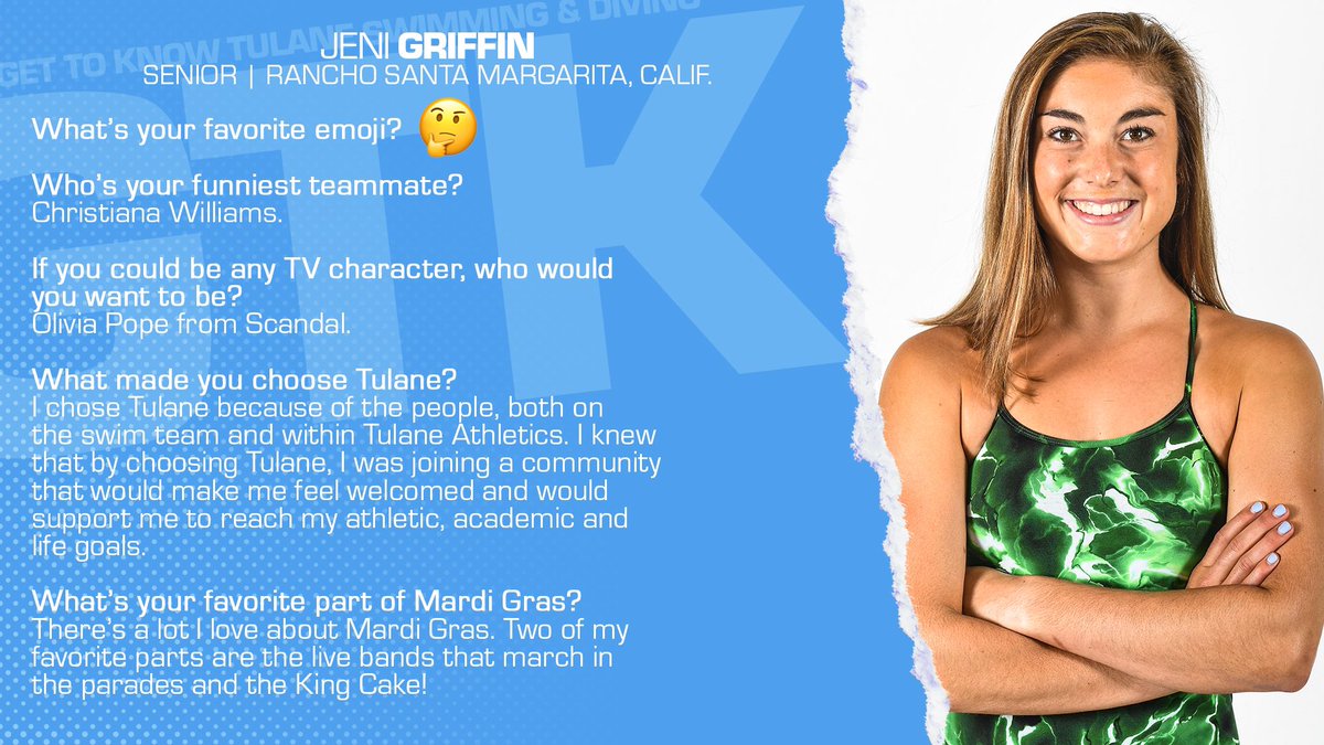 GreenWaveSwim's tweet photo. Next up in our #GetToKnow series is senior @jenigriffin4!

Check out some fun facts about the @GreenWaveSAAC president 👏

#RollWave https://t.co/YsJEBDMsdm