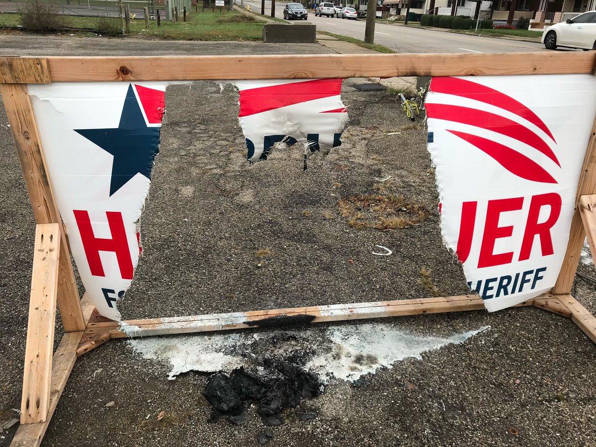 Bruce4Sheriff's tweet photo. Last week someone burned one of our yard signs in Millvale...burned it. This is the kind of chaos and destruction supporters of my opponent want to see in Hamilton County. I’ll never be intimidated by nasty tactics like this. https://t.co/LiKM25m6yu