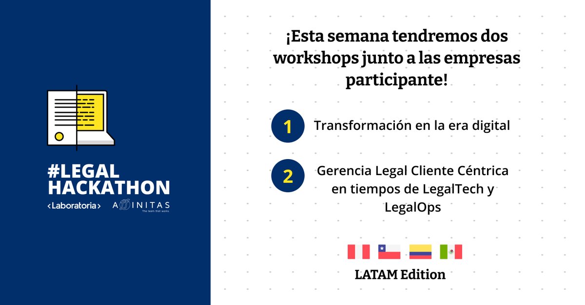 Laboratoriala's tweet photo. ¡Iniciamos con los preparativos para la semana de #hackathon!
Junto a las empresas participantes, esta semana tendremos dos workshops que estaremos organizando junto a @AffinitasLegal.
Conoce más sobre este gran evento de innovación en el área legal en: https://t.co/Er7uozY7Ta https://t.co/ubsrCQOl16