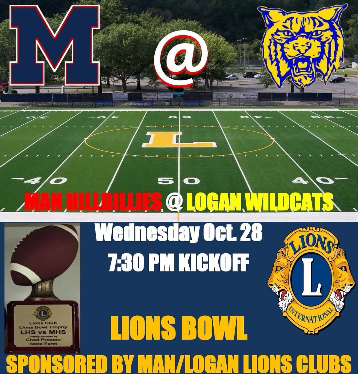 Bub_T82783's tweet photo. GOLD STATUS
๐ Logan Wildcats
๐ Logan, WV
๐ Willis-Nisbet Stadium
๐
Wednesday, October 28th
โฐ 7:30 PM Kickoff
๐ Lions Bowl
๐ฅVideo Productions #wvprepfb @CoalfieldsCo @RickRyanWV @OvertimeWv @PAdkinsBanner @MetroNewsPrep #lionsbowl #lionsclub #countyrivals https://t.co/hrjL3K0wxQ