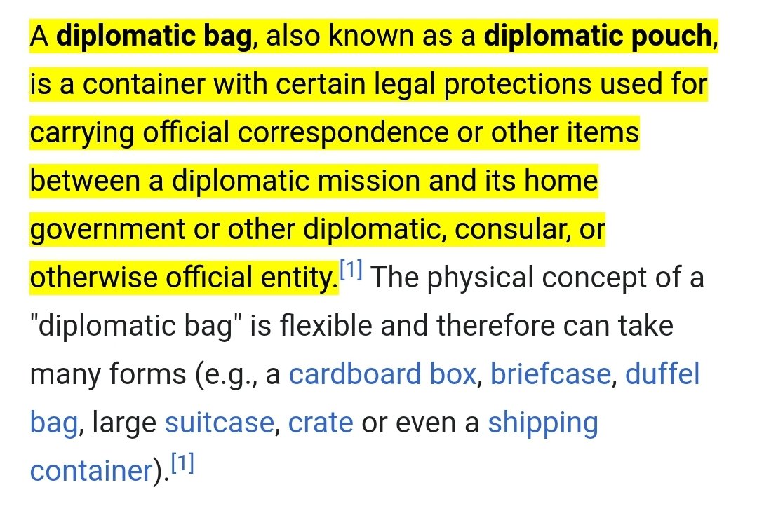 Diplomat Freight. Hmmmm...diplomats can ship items in a Diplomat Pouch to avoid screening by Customs. This includes shipping containers - you know, big enough to hold people or missiles or whatevs. 7/ https://en.wikipedia.org/wiki/Diplomatic_bag