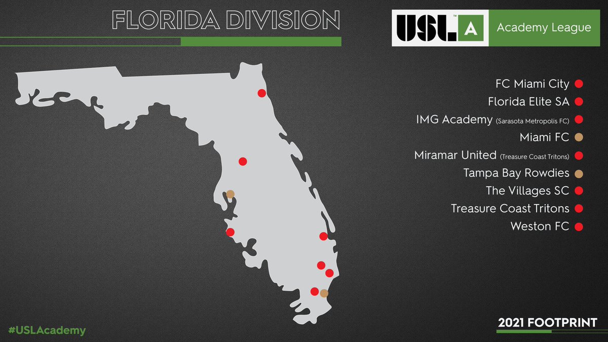 TheUSLWorld's tweet photo. The USL Academy League confirmed this morning the nine teams that will compete in the Florida Division. 

The league will provide an an elite youth development and competition platform to clubs in all three of the USL's senior divisions

#USLAcademy https://t.co/pB0xblPya1