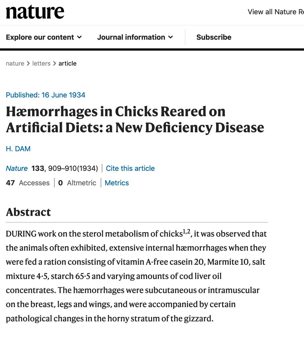 Those chickens bled to death. Dam found cholesterol didn't restore clotting; something else was needed, some new "Koagulation" (Danish) factor. Edward Doisy (1893–1986), a Harvard PhD from Illinois and the first biochemistry chair  @SLU_Official, isolated that compound in 1939./22