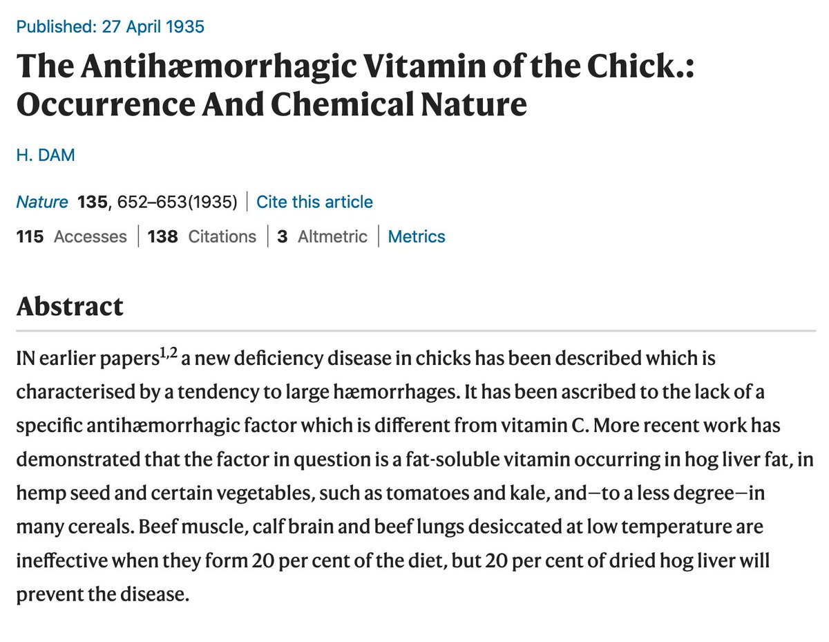 Those chickens bled to death. Dam found cholesterol didn't restore clotting; something else was needed, some new "Koagulation" (Danish) factor. Edward Doisy (1893–1986), a Harvard PhD from Illinois and the first biochemistry chair  @SLU_Official, isolated that compound in 1939./22