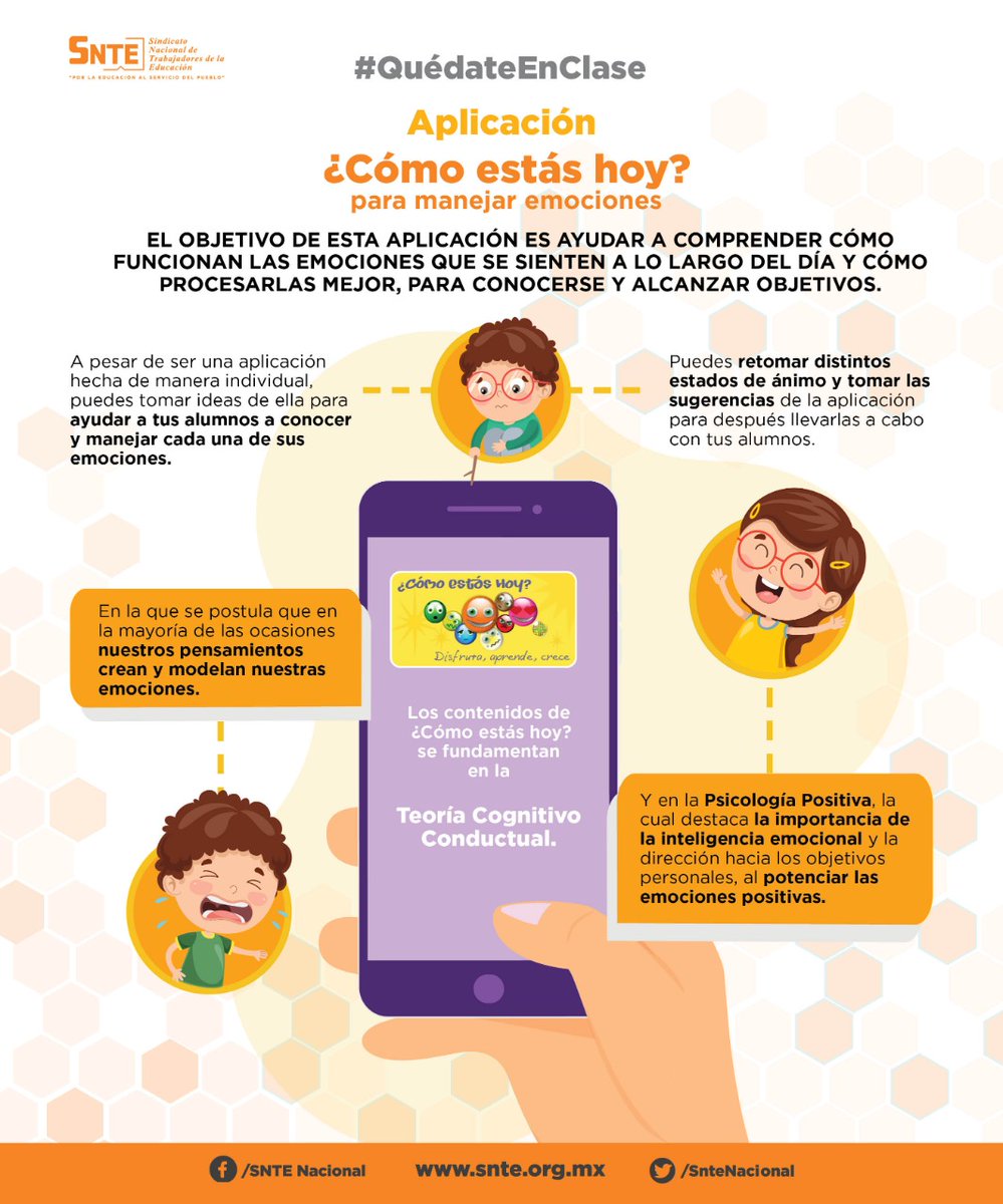 #QuedateEnClase #preSNTE55

#CómoEstásHoY App 📲 basada en la Teoría Cognitiva 🧠 de las 8 emociones básicas para facilitar autoconocimiento y consecución de metas para alumnos y maestros👨‍👦‍👦 Explórala 👉 bit.ly/3jmISkP

#QuedateEnCasa 
Pero #QuedateEnClase 

#BuenLunes